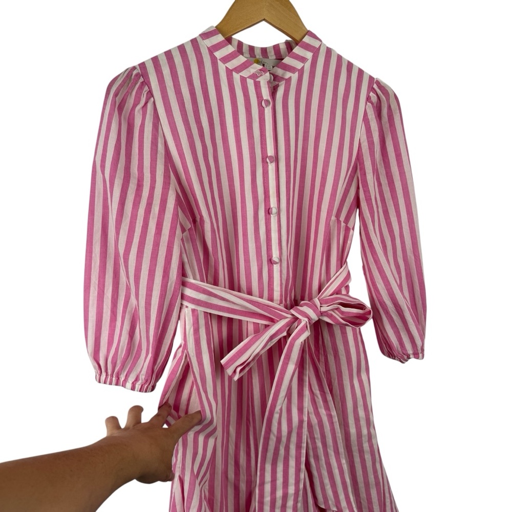 BODEN Puff Sleeve Cotton Pink White Striped Dress Button Down Ruffle Hem SZ 2 - Picture 7 of 16